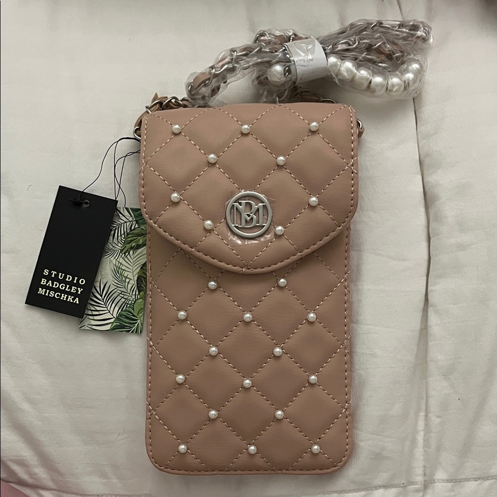 Badgley Mischka Pearl-Studded Tan Quilted Crossbody